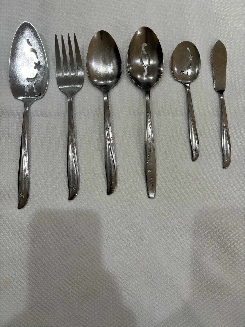 VTG Oneida Twin Star 6 Pc Serving Set MCM Stainless Hostess Atomic Starburst Lot